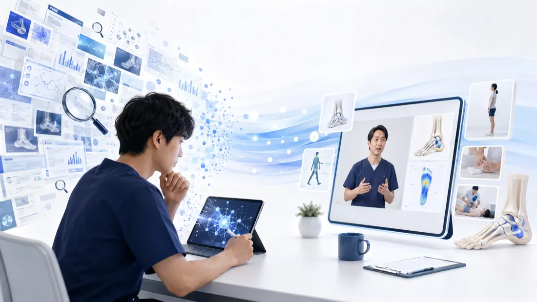AIで情報を調べながら、解説動画で臨床への使い方を学ぶイメージ